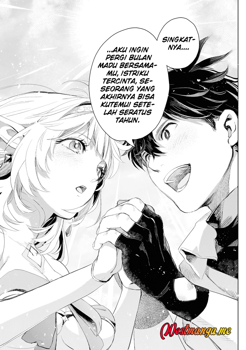 Halaman 54 — Elf-zuma to Hajimeru Yuukyuu no Tabi: Densetsu no Yuusha, Aisuru Elf to Tomo ni 100-nen Mae ni Sukutta Sekai wo Tabisuru Chapter 1